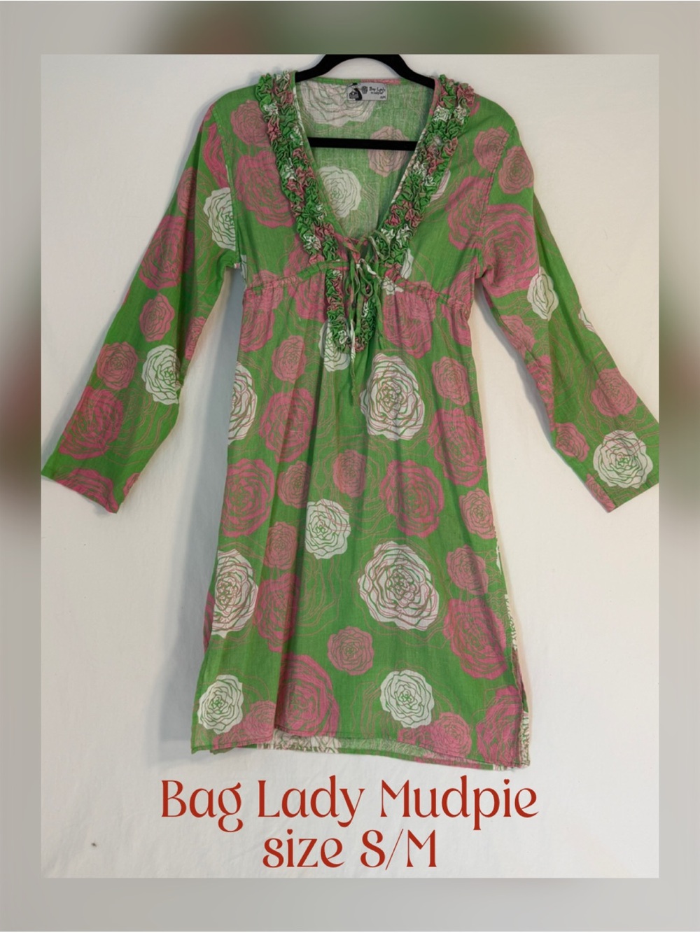 Mud Pie Green Tunic Dress with Pink & White Floral Print